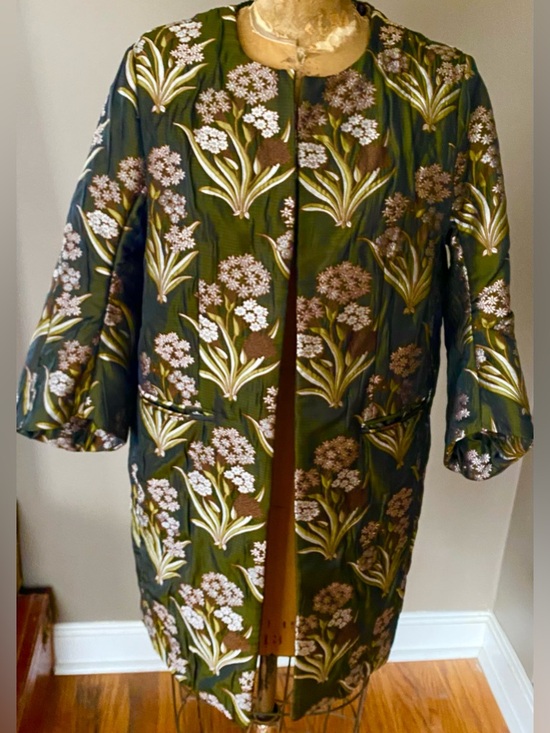 H&M Jackets & Blazers - H&M Embroidered Floral Jacquard Kimono Jacket Green Artwear Open Front Size 6